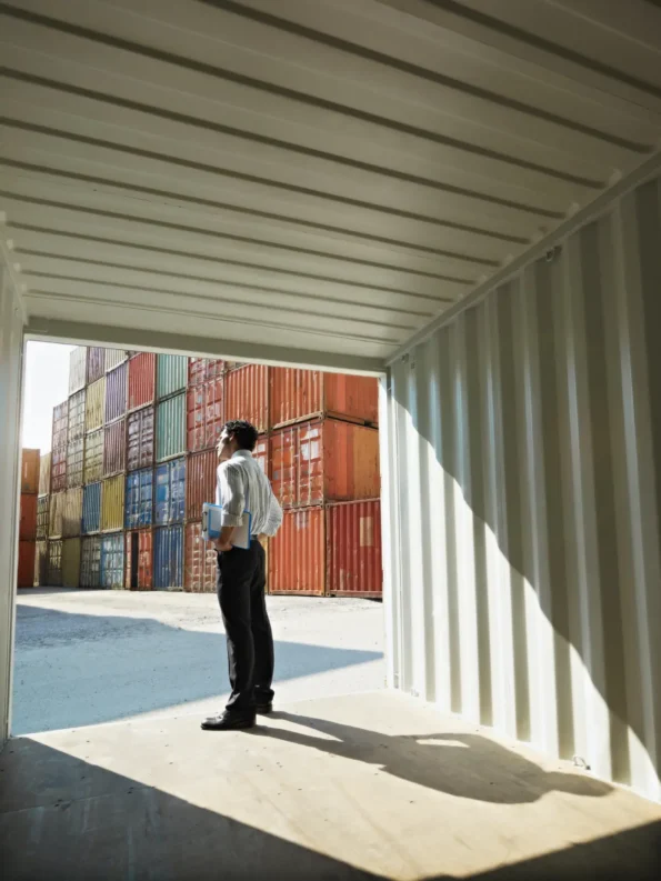 business man standing on shipping container for custom clearance